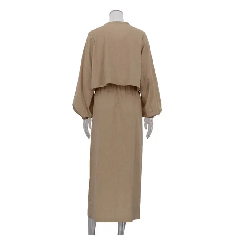 Zweiteiliges Set aus khakifarbener Baumwolle mit Puffärmeln