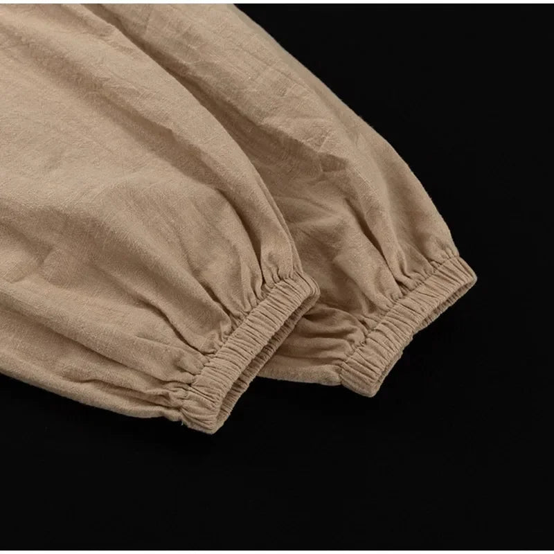 Zweiteiliges Set aus khakifarbener Baumwolle mit Puffärmeln